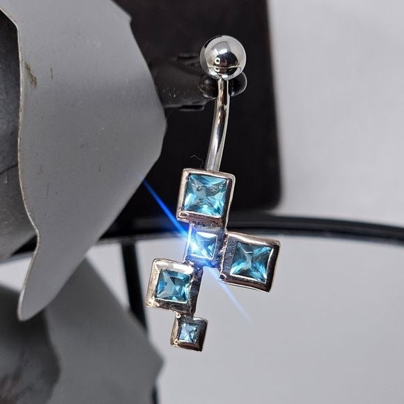 Body Jewelry | Blue Topaz Square Shaped Dangle 925 Navel Ring - Painful Pleasures - Navel Rings