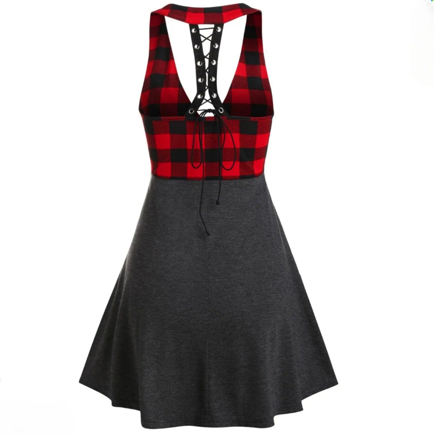 Plaid Print Lace Up Back Crossover High Waist Mini Dress - A Gothic Universe - Dresses