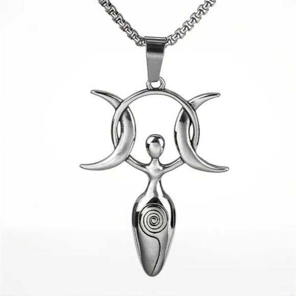 Triple Moon Goddess Necklace | Stainless Steel Shined Wiccan - A Gothic Universe - Jewelry