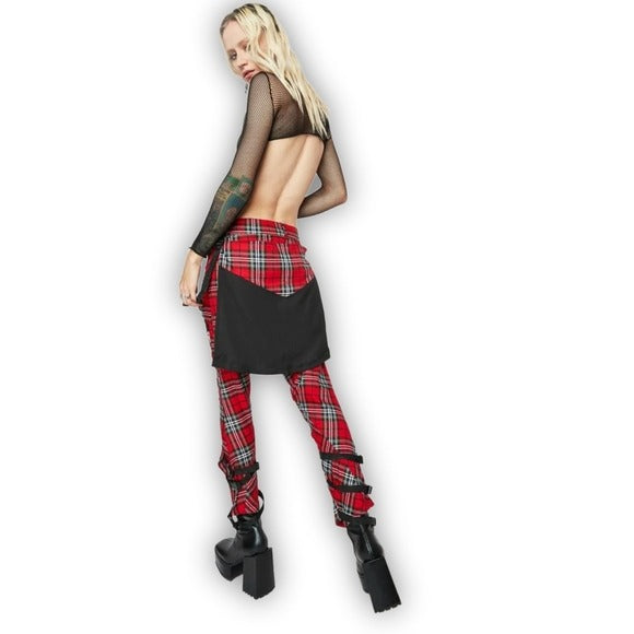 Hot Tartan Patch Clip Pants | Red & Black Plain Low Rise Waist - Long Clothing - Pants