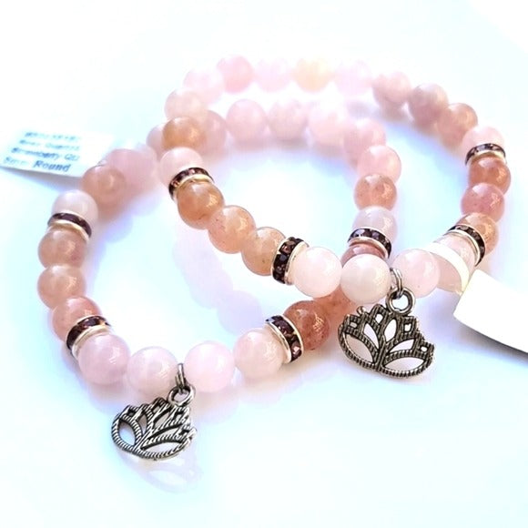 Strawberry Quartz & Rose Quartz Bracelet | "Lotus Flower" Black & Pinks - A Gothic Universe - Bracelets