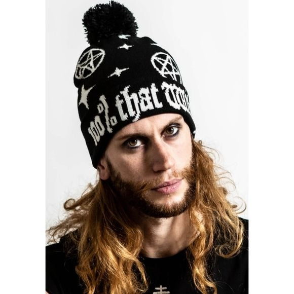 100% That Witch Beanie | Black & White Cotton Bobble Top Unisex - Killstar - Beanies