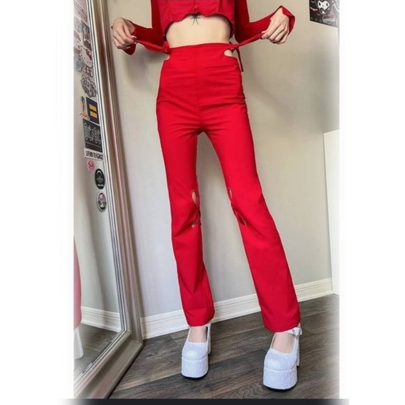 Holey Pray Cut Out Pants | Red Semi Flared Fit High Waisted Side Zip - Zemeta - Pants