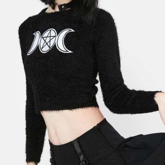 Triple Goddess Fuzzy Sweater | Black Fuzzy Cropped Long Sleeve - The Grave Girls - Sweaters
