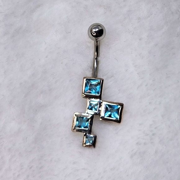 Body Jewelry | Blue Topaz Square Shaped Dangle 925 Navel Ring - Painful Pleasures - Navel Rings