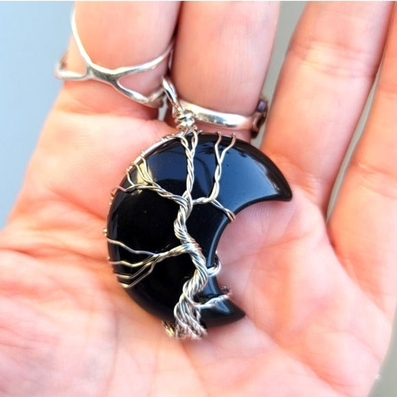 Black Obsidian Necklace | Polished Moon Shape Wire Wrapped Tree Of Life Handmade - A Gothic Universe - Necklaces