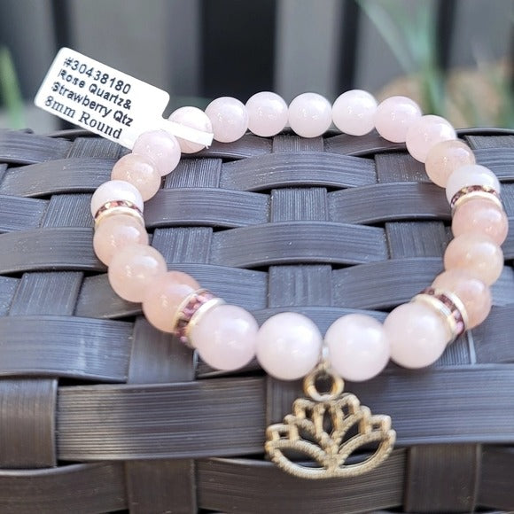 Strawberry Quartz & Rose Quartz Bracelet | "Lotus Flower" Black & Pinks - A Gothic Universe - Bracelets