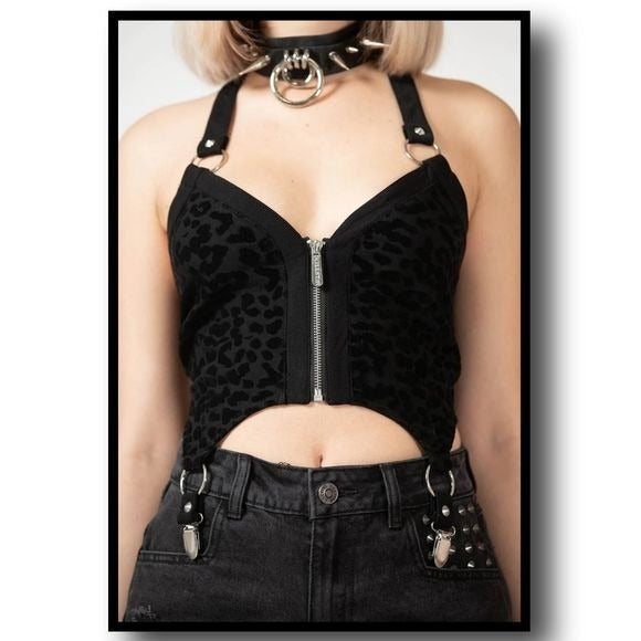 Wild Instinct Halter Top | Black Leopard Print Zip Up Suspender Clips - Killstar - Tops