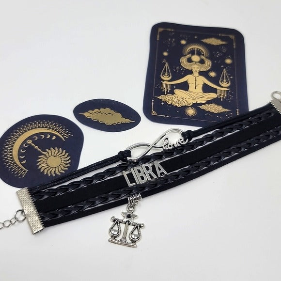 Libra Black Leather Bracelet | Silver Charms Braided 3 Balance Foil Stickers - A Gothic Universe - Bracelets