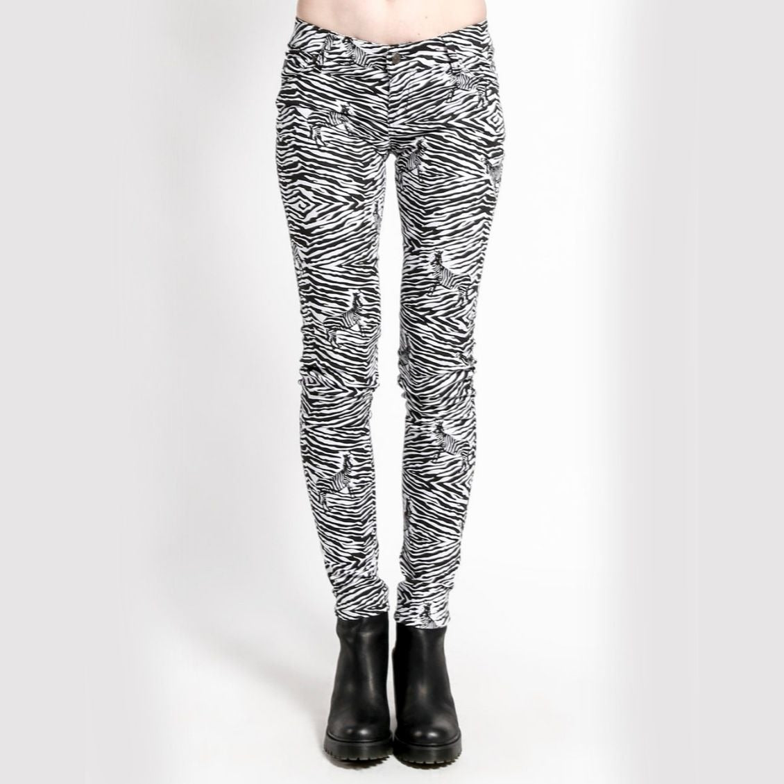 Zebra Print Skinny Jeans Womens T-Back Pockets Skull Rivets - Tripp NYC - Jeans