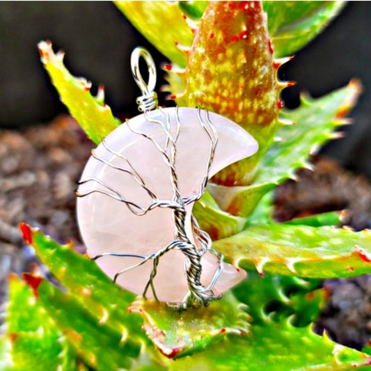 Rose Crystal Quartz Necklace | Polished Moon Shape Wire Wrapped Tree - A Gothic Universe - Necklaces