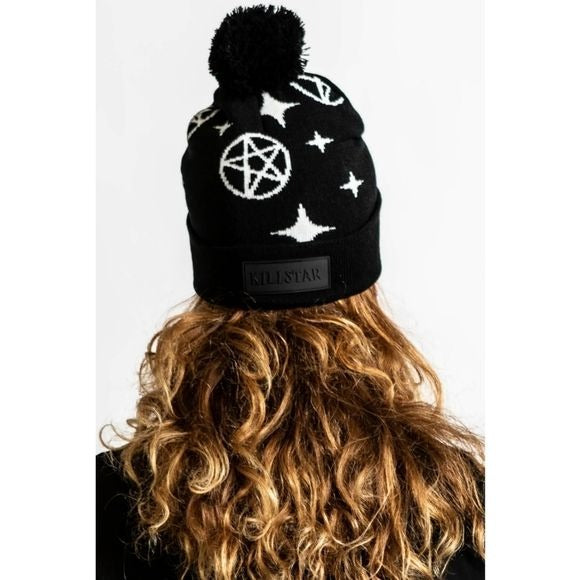 100% That Witch Beanie | Black & White Cotton Bobble Top Unisex - Killstar - Beanies