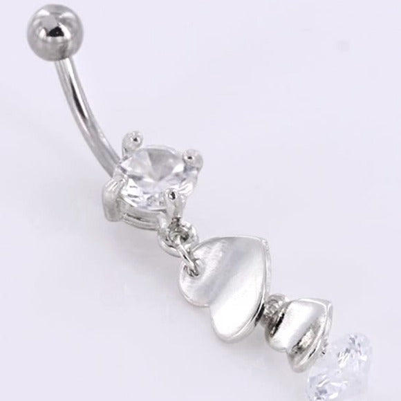 Crystal Dangle | Rhodium Layover Hearts Belly Button Ring - Painful Pleasures - Navel Rings