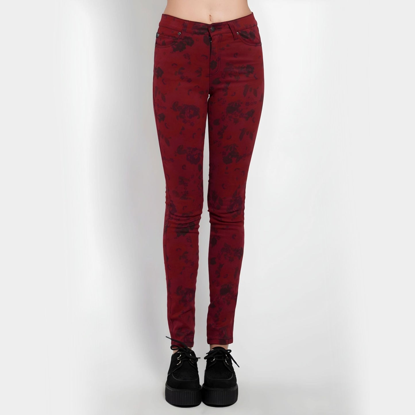 Wine Red High Waisted Skinny Jeans With Floral Print