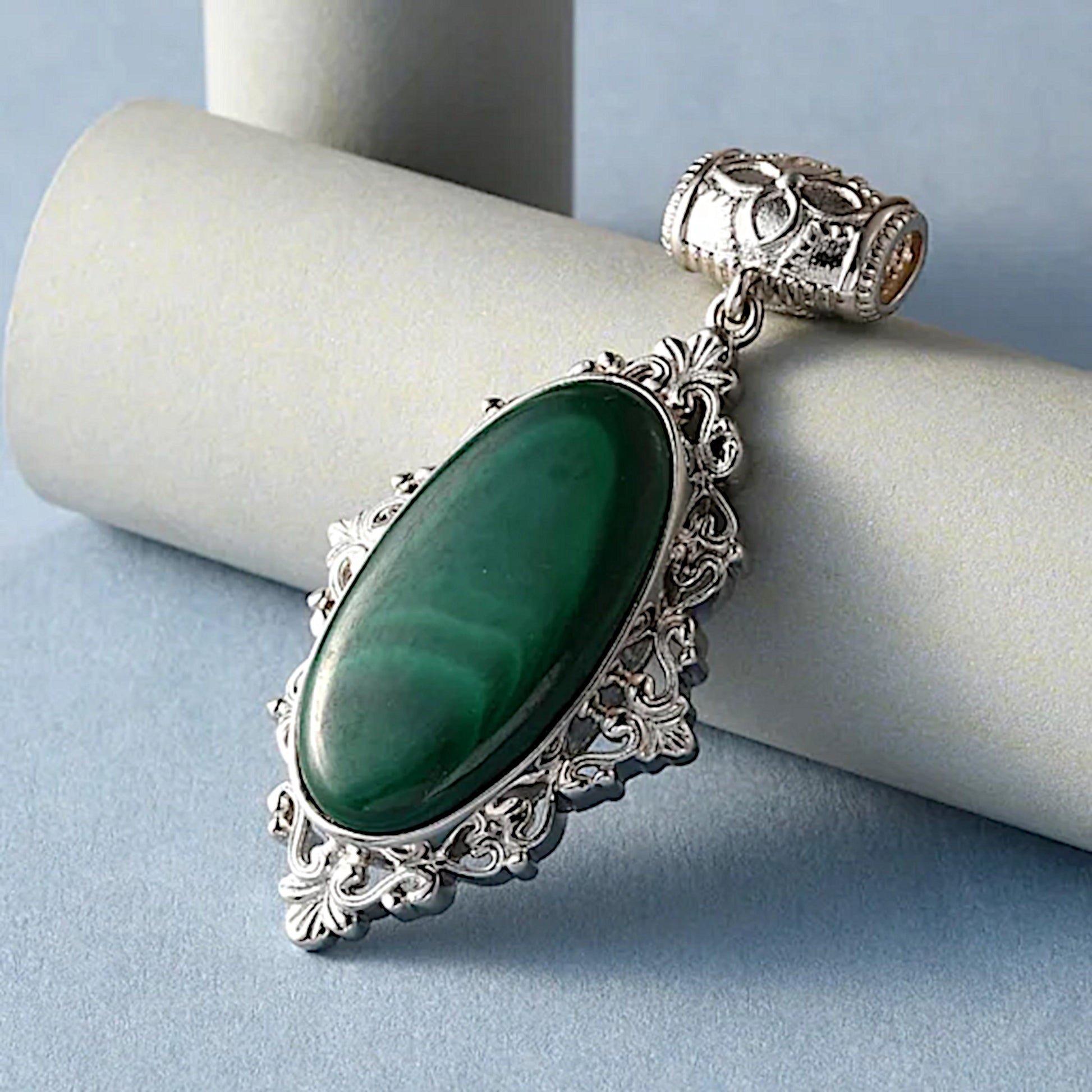 African Malachite Solitaire Pendant | in Platinum with Magnet 27.5ctw - A Gothic Universe - Pendants