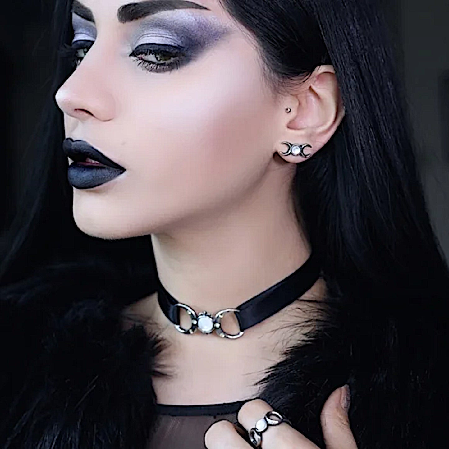Triple Goddess Choker | Swarovski Crystal Mother of Pearl Black Silk Ribbon Necklace - Alchemy Gothic - Necklaces
