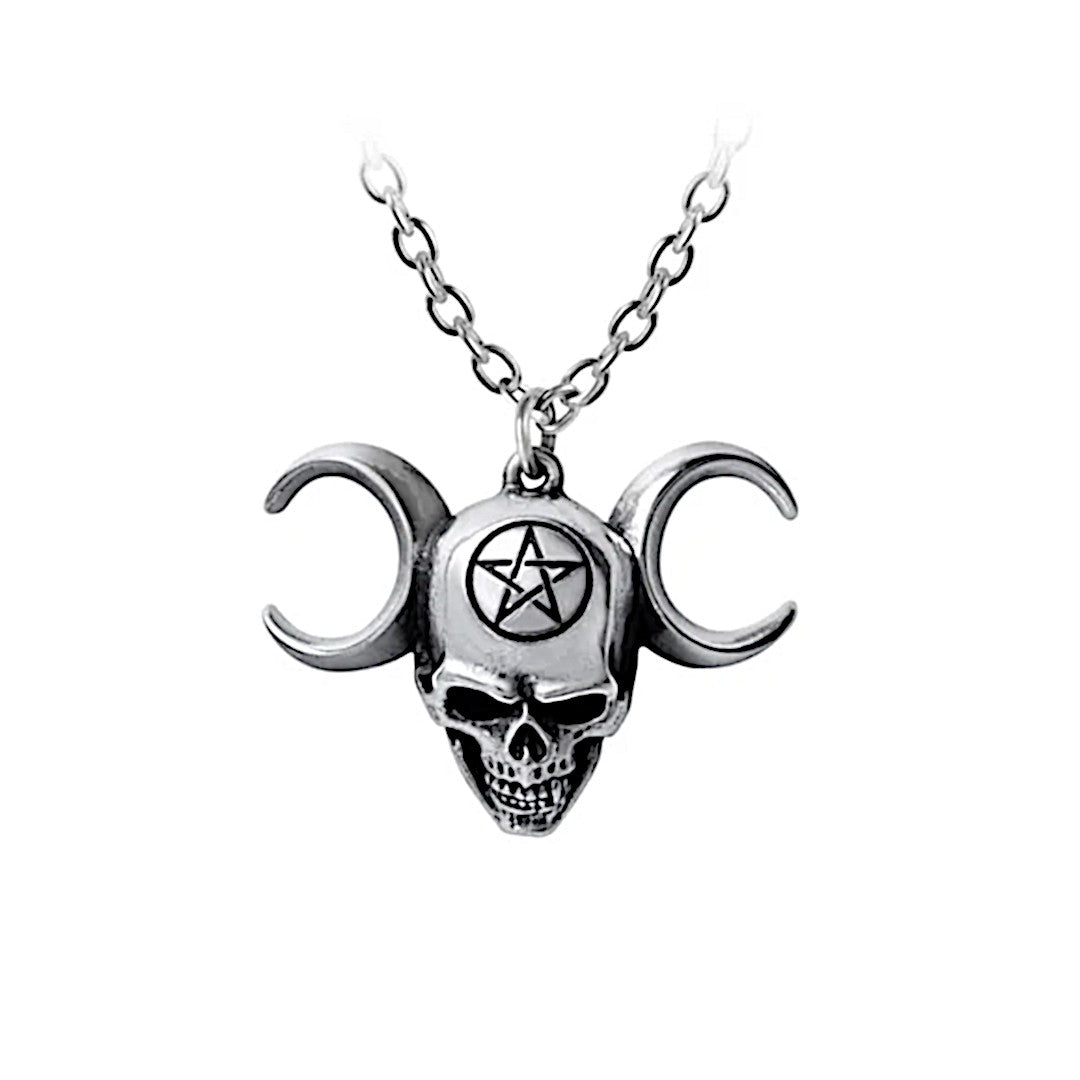 Triunity Skull Pendant | Triple Moon Goddess Chain 21" Silver - Alchemy Gothic - Necklaces