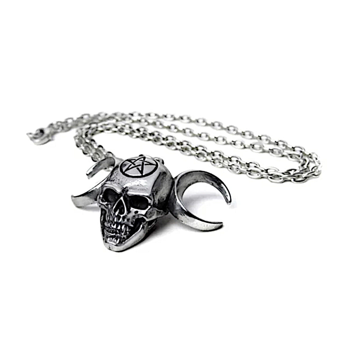 Triunity Skull Pendant | Triple Moon Goddess Chain 21" Silver - Alchemy Gothic - Necklaces