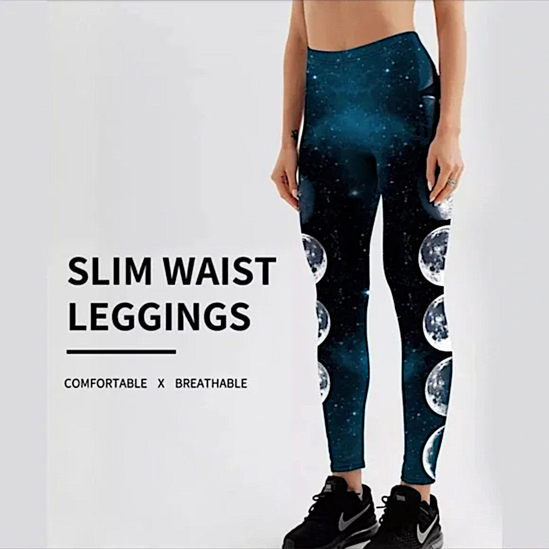 Athletic Leggings | Digital Moon Phases Print | Moisture Wicking - Breathable - A Gothic Universe - Pants