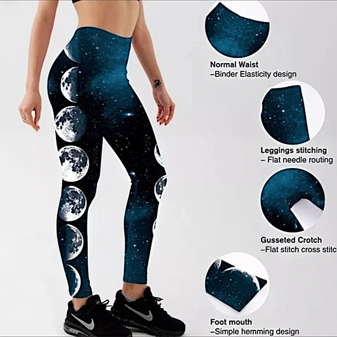 Athletic Leggings | Digital Moon Phases Print | Moisture Wicking - Breathable - A Gothic Universe - Pants