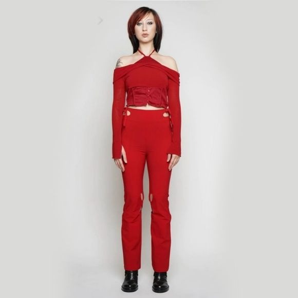 Holey Pray Cut Out Pants | Red Semi Flared Fit High Waisted Side Zip - Zemeta - Pants