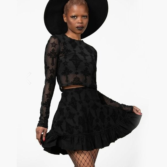 Amelie Flocked Mini Skirt | Black Ruffled Hidden Zipper - Killstar - Skirt