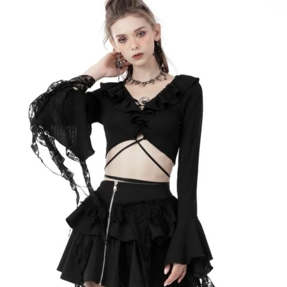 Gothic Witch Ripped Sleeves Ruffle Neck Crop Top | Black - Dark In Love - Tops