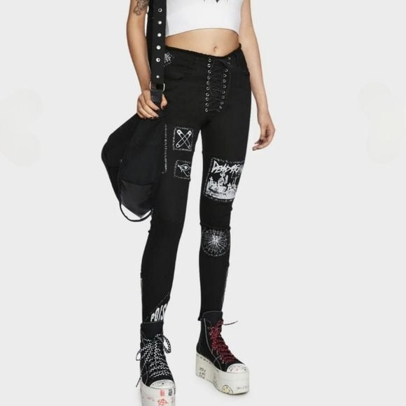 Stitch Bitch Lace-up Patch Jeans | Black Zip Ankles Goth/Punk Style - Current Mood - 