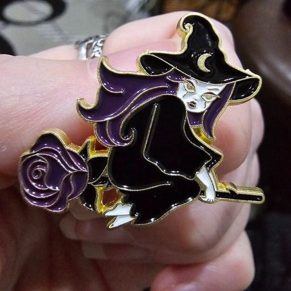 Metal Enamel Lapel Pin | Witch Flying Purple Rose Besome - A Gothic Universe - Lapel Pin