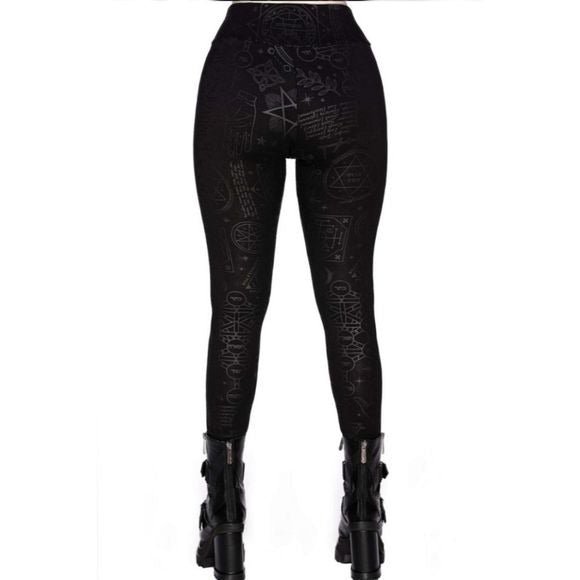 Telepathic Leggings | Black on Black Print Wide Waistband Stretchy Soft - Killstar - Leggings