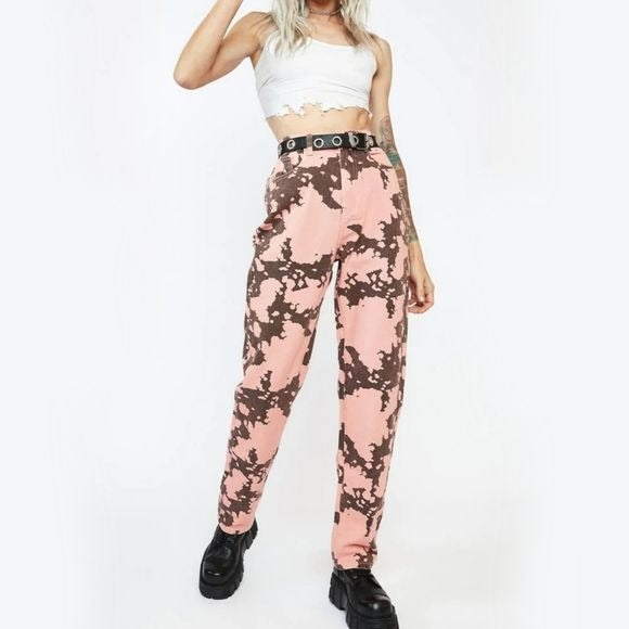 Cow Print Relaxed Straight Leg Jeans | Brown High Waisted Pockets - Momokrom - Jeans