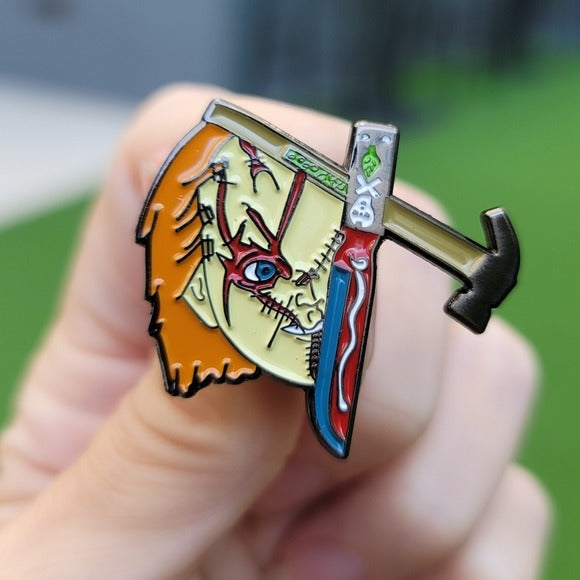 Metal Enamel Lapel Pin | Tools For Chucky | Orange & Blue - A Gothic Universe - Lapel Pins