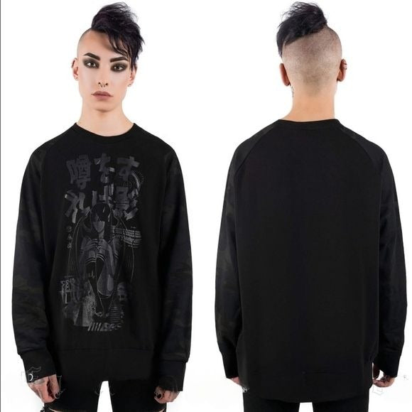 Romour Camo Sweatshirt | Black Soft Cotton Camo Sleeves - Killstar - Sweaters