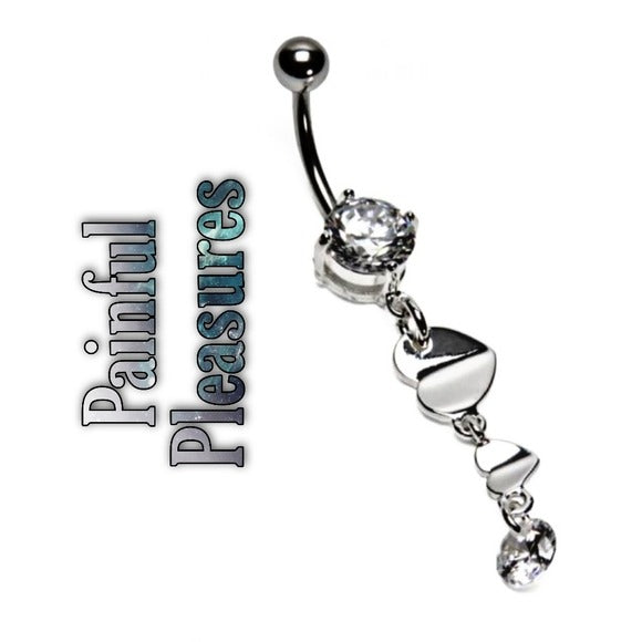 Crystal Dangle | Rhodium Layover Hearts Belly Button Ring - Painful Pleasures - Navel Rings