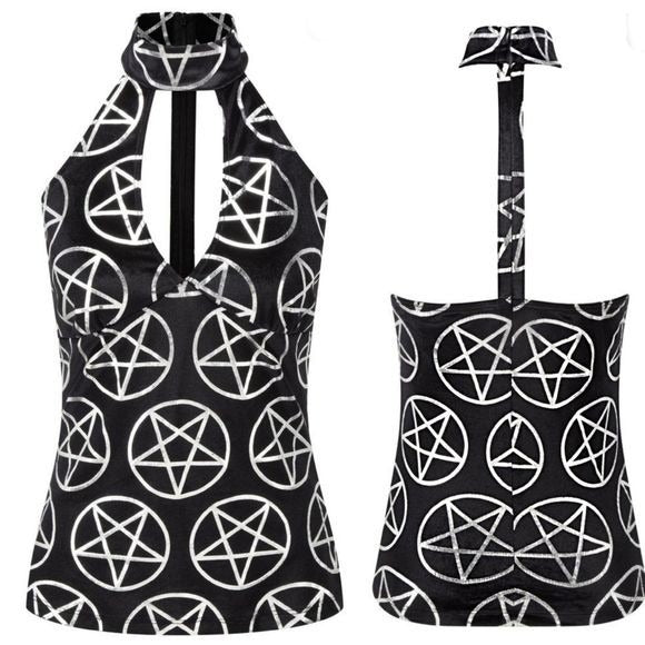 Luxe Velvet Blouse | Venom On Edge |  T-Back Halter Pentagram Top - Killstar - Blouses