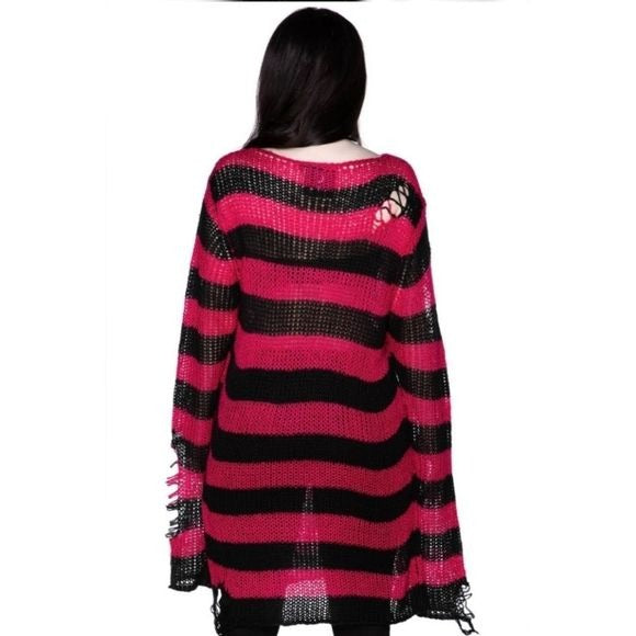 Mika Knit Sweater | Black / Rasberry Stripes Unisex Distressed Long - Killstar - Sweaters