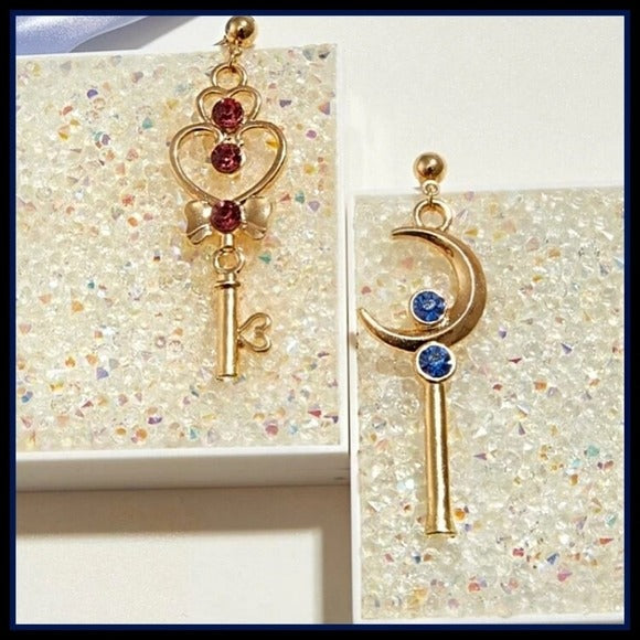 Sailor Moon Crystal Drop Earrings | Pink Blue Gold - Key & Moon Shape - A Gothic Universe - Earrings