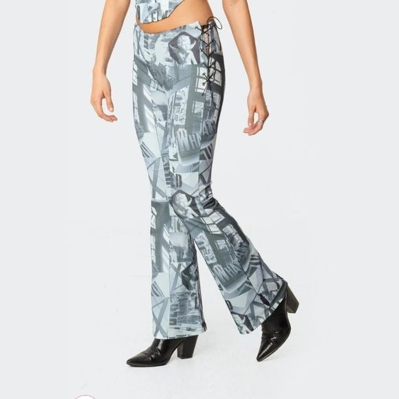 Casper Laced Flare Pants | Lace-up Sides Cool Blue Hues Retro Vibes - Edikted - Pants