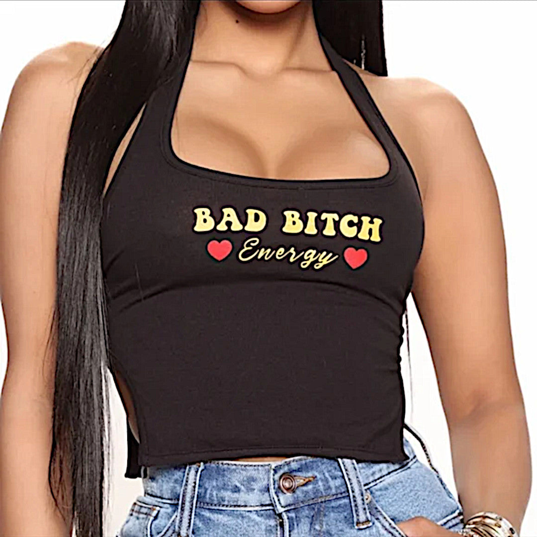 Graphic Cropped Tank Top | Bad Bitch Energy | Black Red Halter Sleeveless Tee - Fashion Nova - Shirts