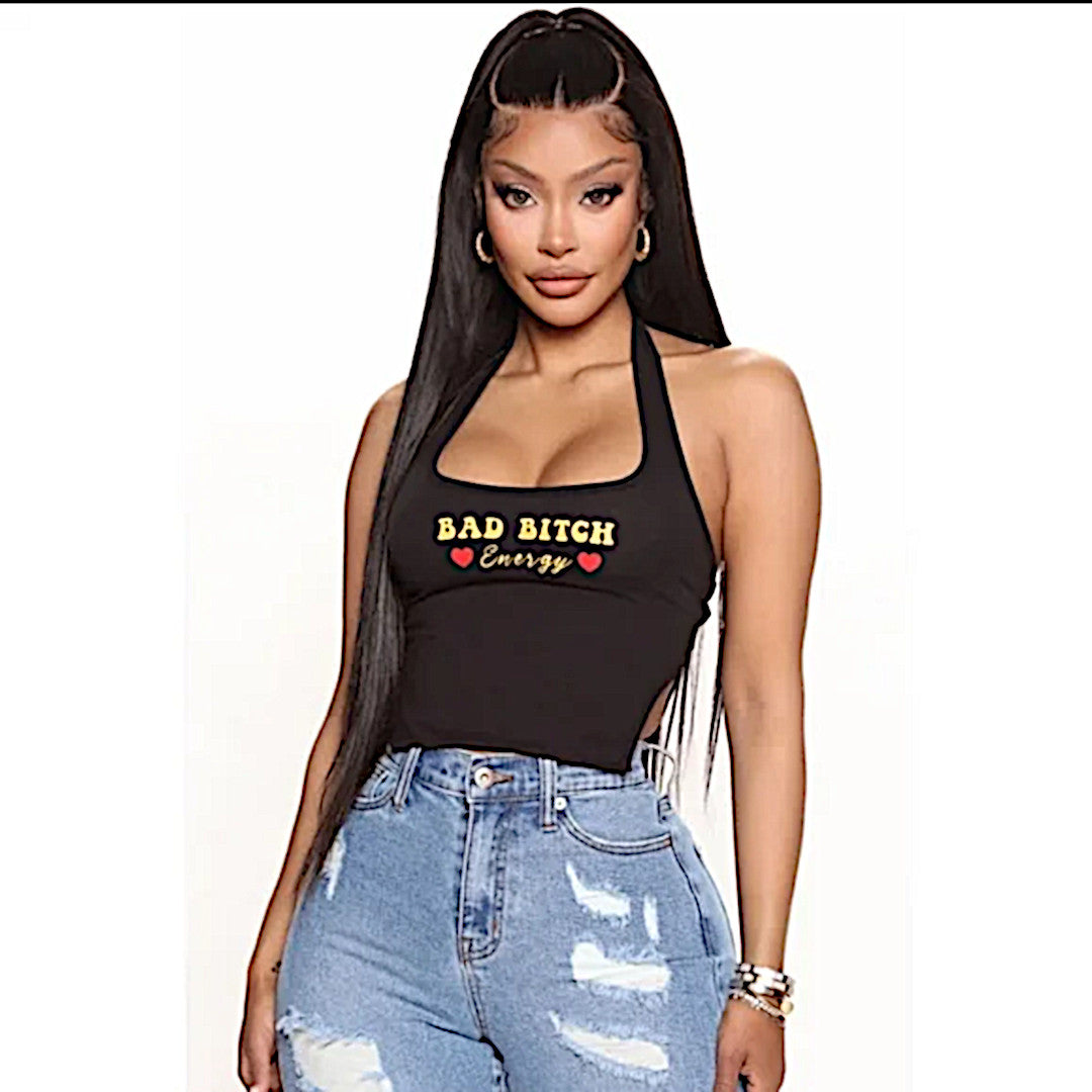 Graphic Cropped Tank Top | Bad Bitch Energy | Black Red Halter Sleeveless Tee - Fashion Nova - Shirts