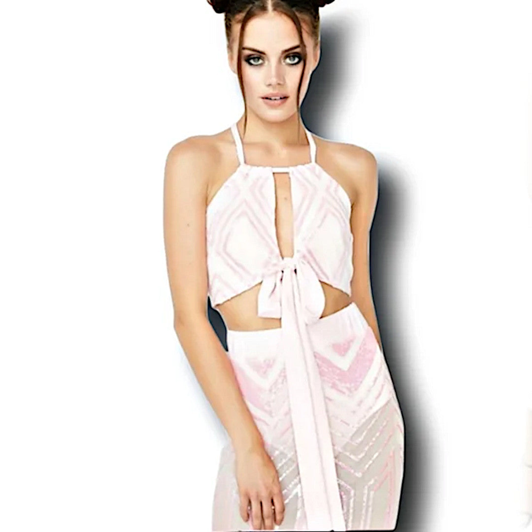 Sequin Covered Skirt Set | Rave Clubwear Sheer Bling Skirt Set - Banjul - Dresses