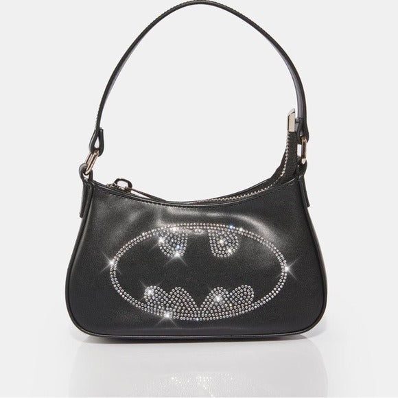 Dark Knight Shoulder Bag | Black Rhinestone Silver Studded Batman Logo - DC Comics - Handbags / Coin Purses