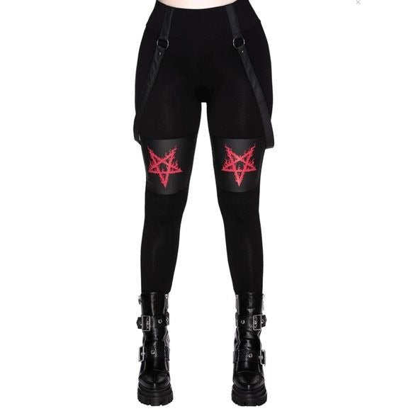 Bloodpact Leggings | Black Suspenders Red Pentagram Soft Cotton - Killstar - Leggings