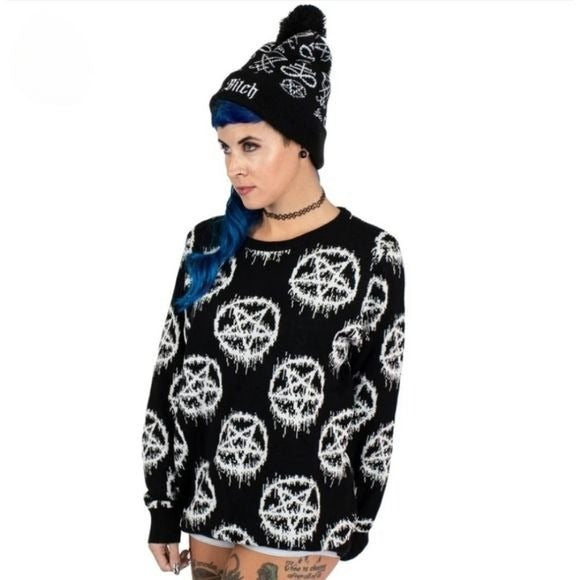 Black Pentagram Pullover Sweater | Unisex Sizing Relaxed Fit - Too Fast - Sweaters