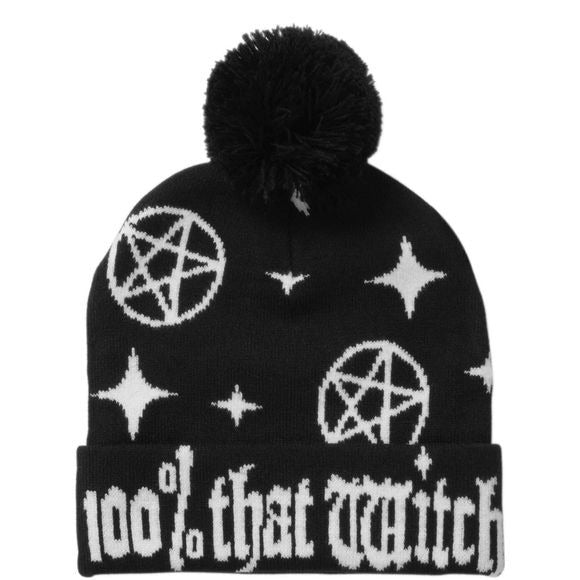 100% That Witch Beanie | Black & White Cotton Bobble Top Unisex - Killstar - Beanies