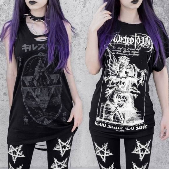 Night Terror Leggings | Soft Black Cotton White Pentagram Graphics - Killstar - Leggings