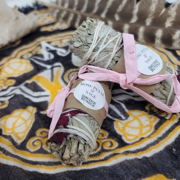 Rose Petal Sage | Smudge/Cleanse Yourself & Your Home Set of Two w/Sack - A Gothic Universe - Smudging Sets