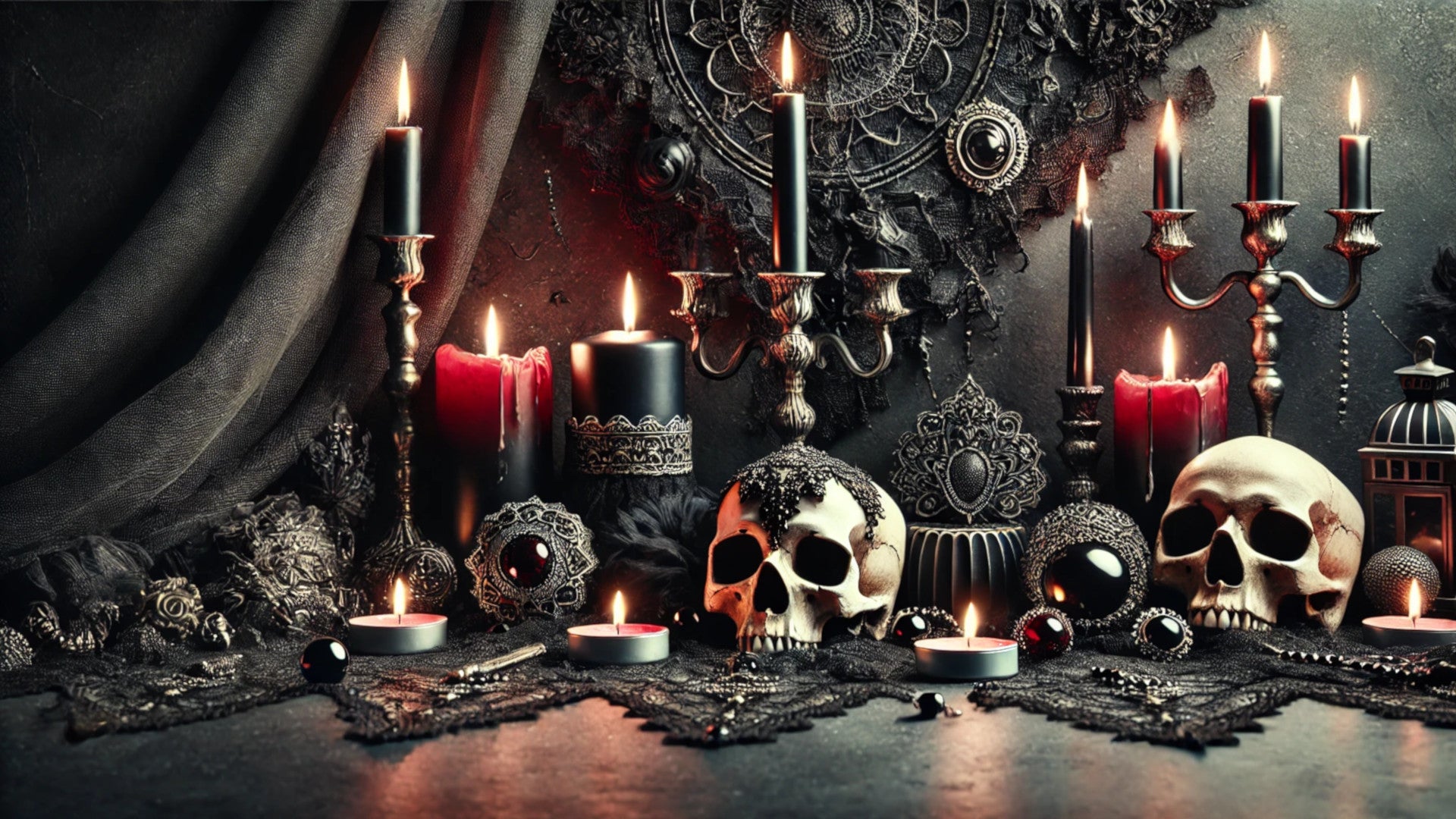 A dark, gothic aesthetic with candles, skulls, intricate ornaments, and a moody, shadowy backdrop.