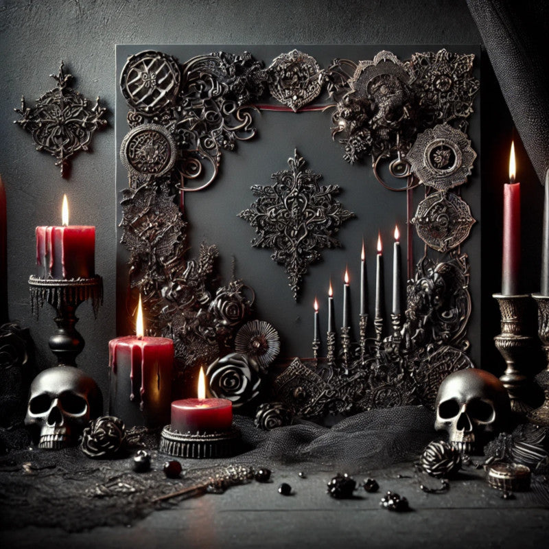 A dark, gothic aesthetic with candles, skulls, intricate ornaments, and a moody, shadowy backdrop.