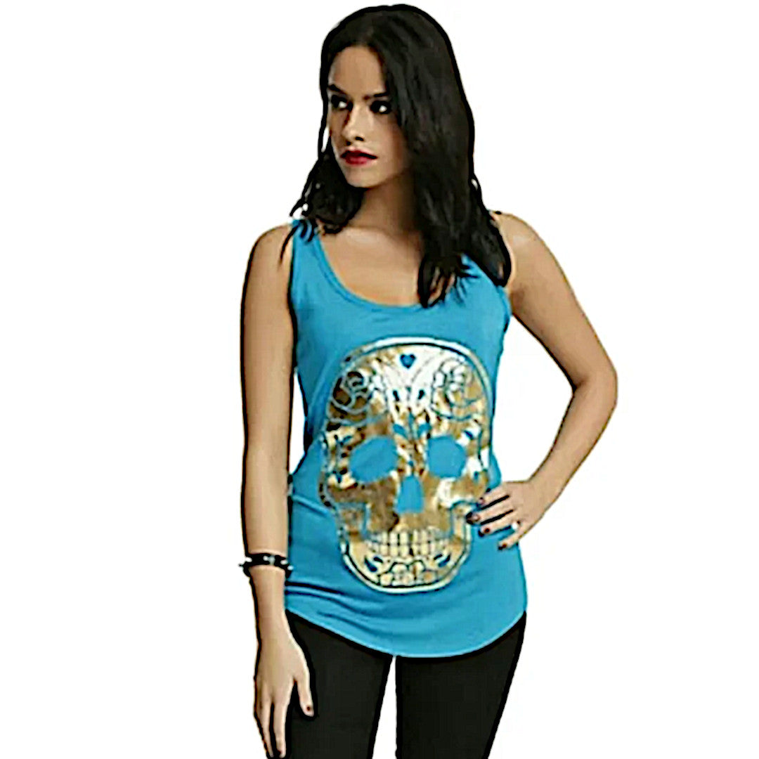 Racerback Tank | Gold Foil Sugar Skull | Teal & Black Tank Top - Black Matter - Shirts